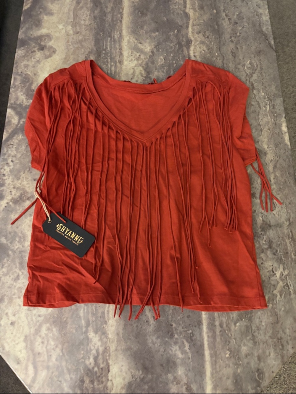 Shyanne Burnt Orange Fringe Short Sleeve Top